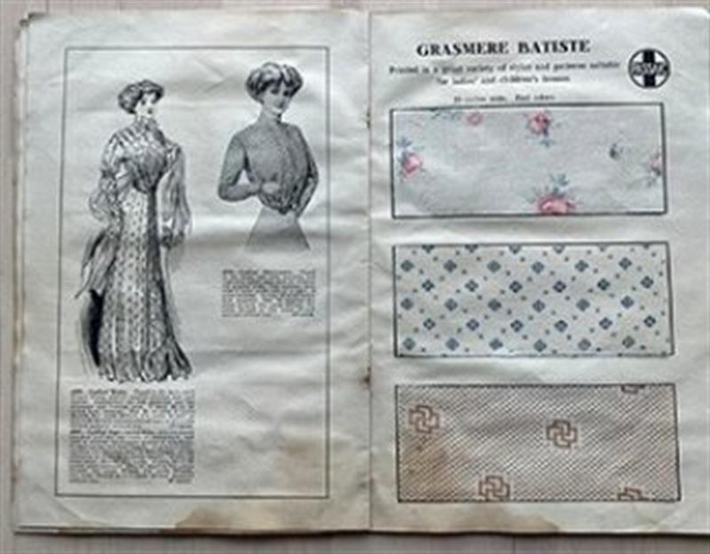 Page spread from an antique fashion catalog, including two illustrations of corsets and three fabric samples.
