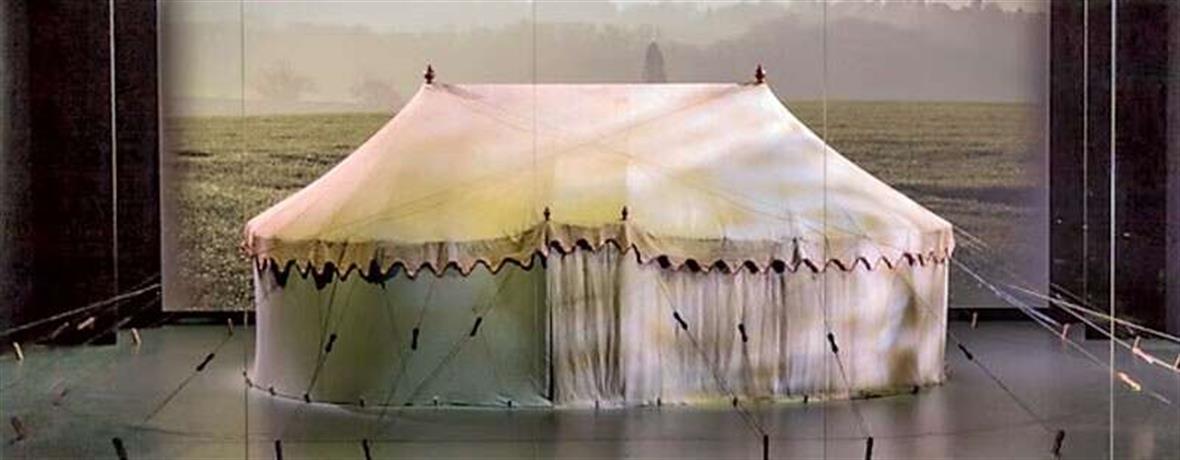 George Washington's War Tent, on display on stage at the Museum of the American Revolution.