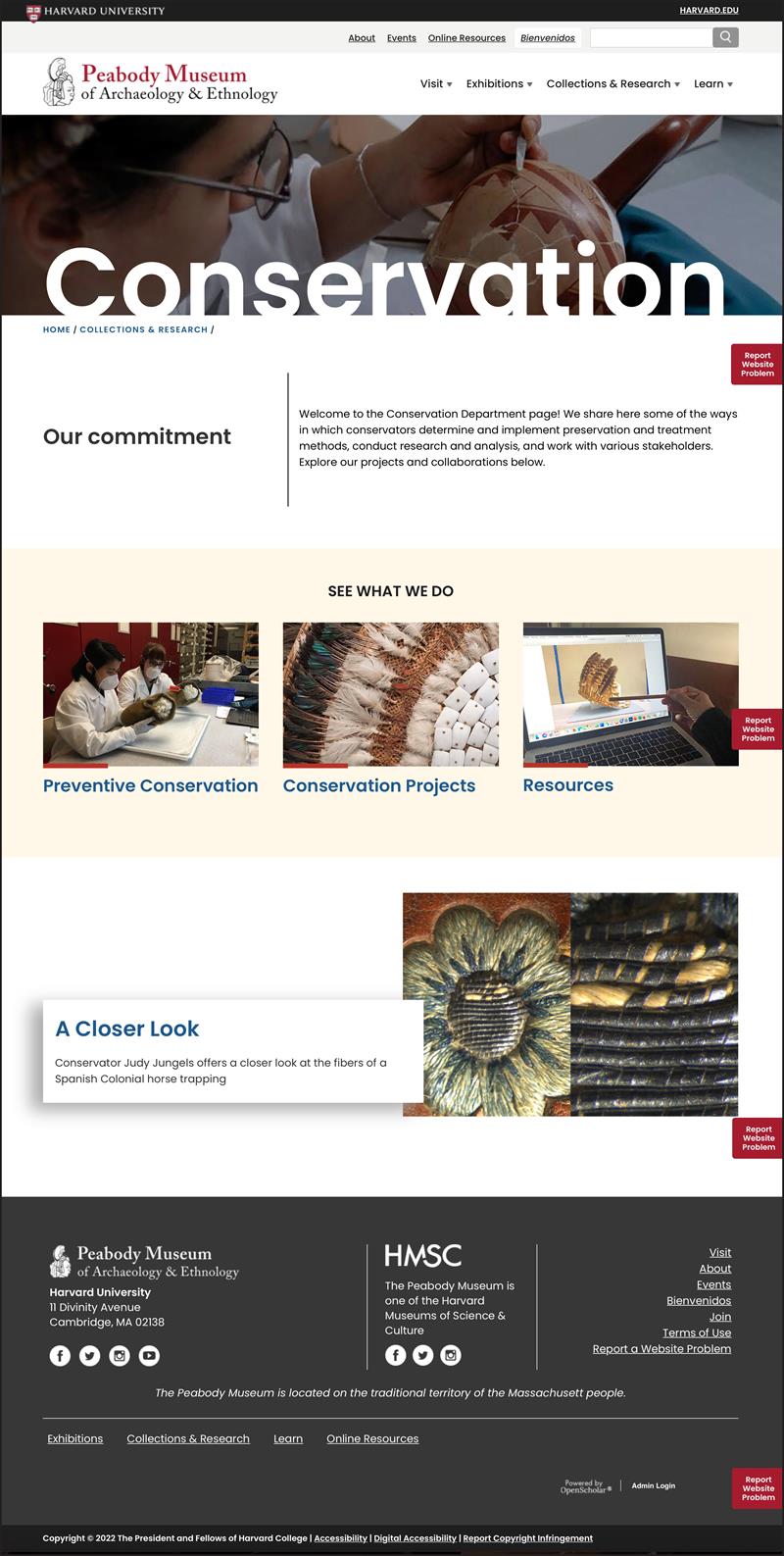 Image of the new Peabody Museum webpage for their conservation department.