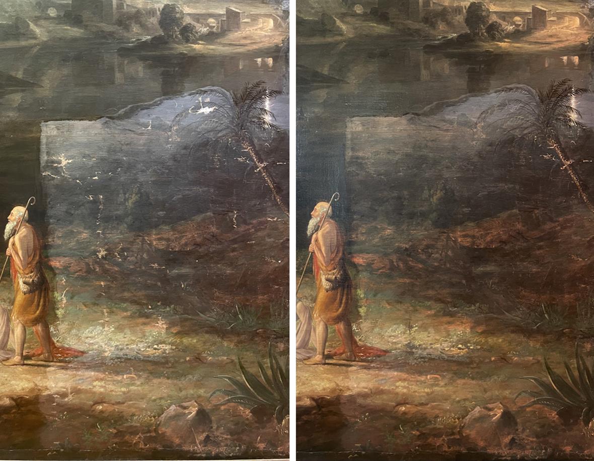 Before and after image of a conservation fill and inpainting.