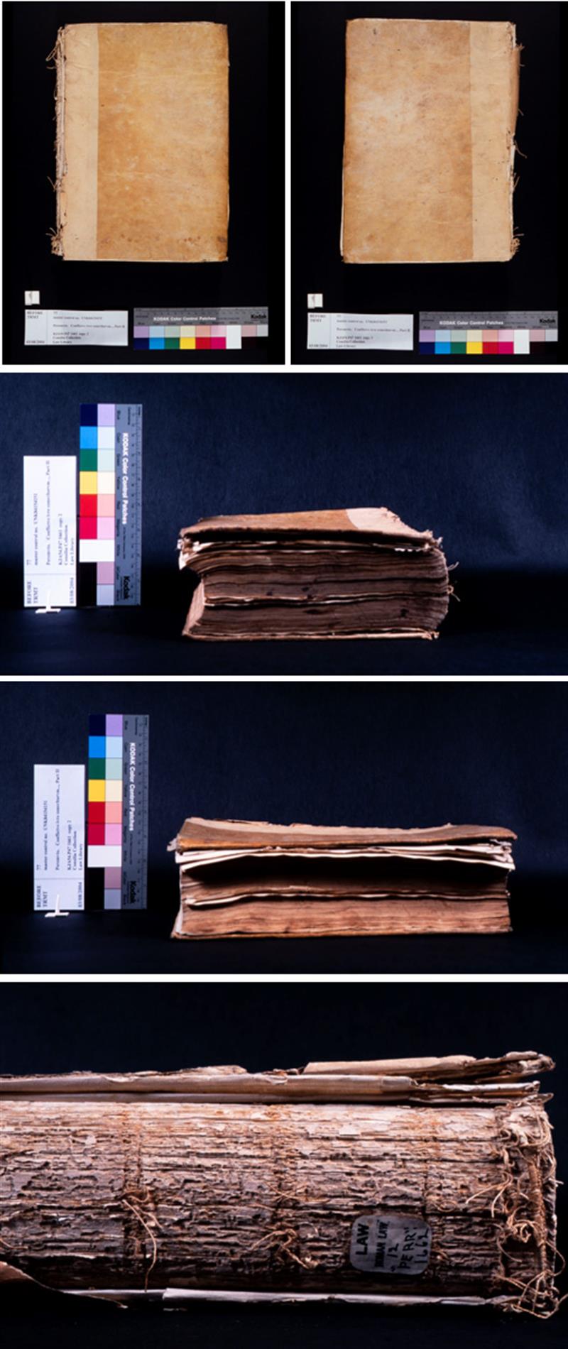 Images, from different angles, of the degraded book cover and binding.