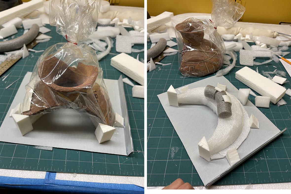 An image of the foam mount pieces attached to a board, with and without the ceramics in place.