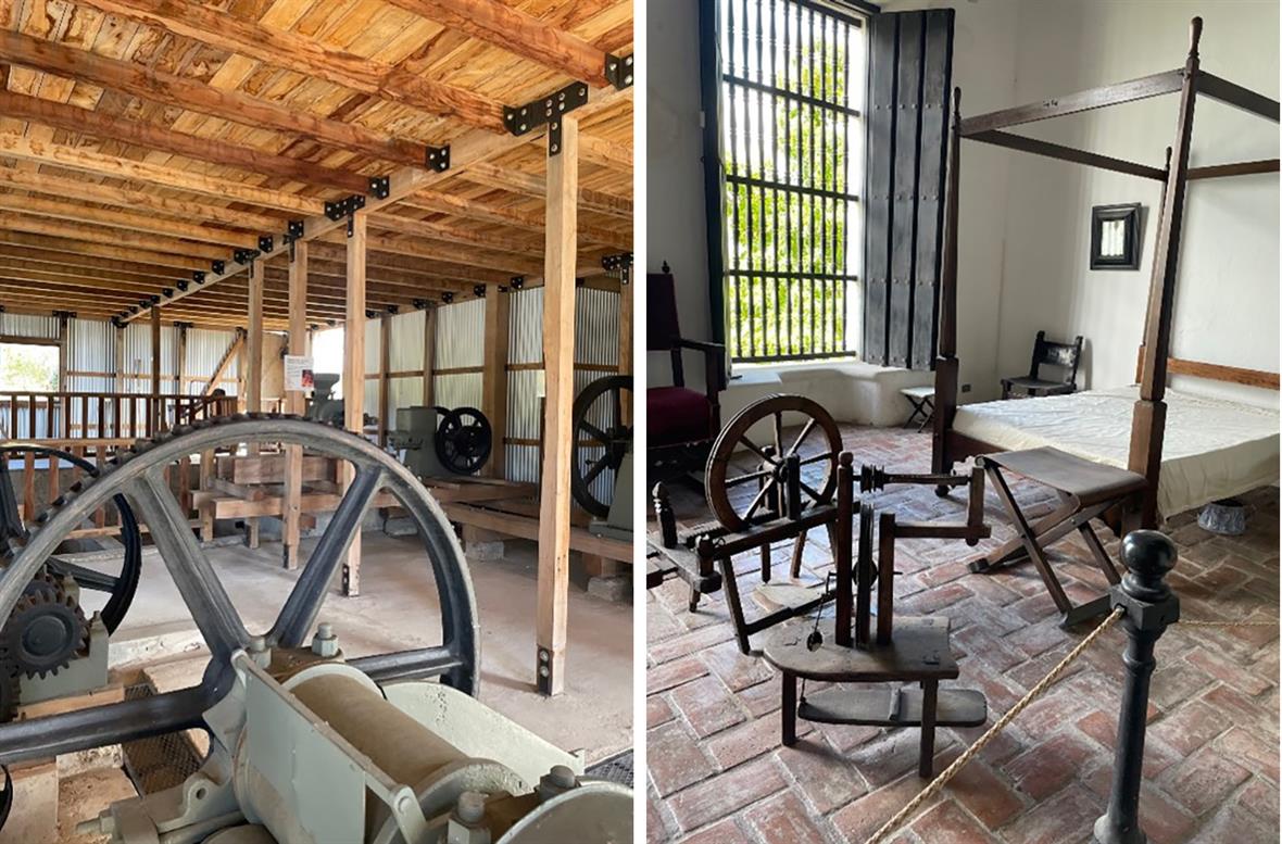 Large, wheeled machinery in a historic factory, and wooden, household machinery in a historic house.