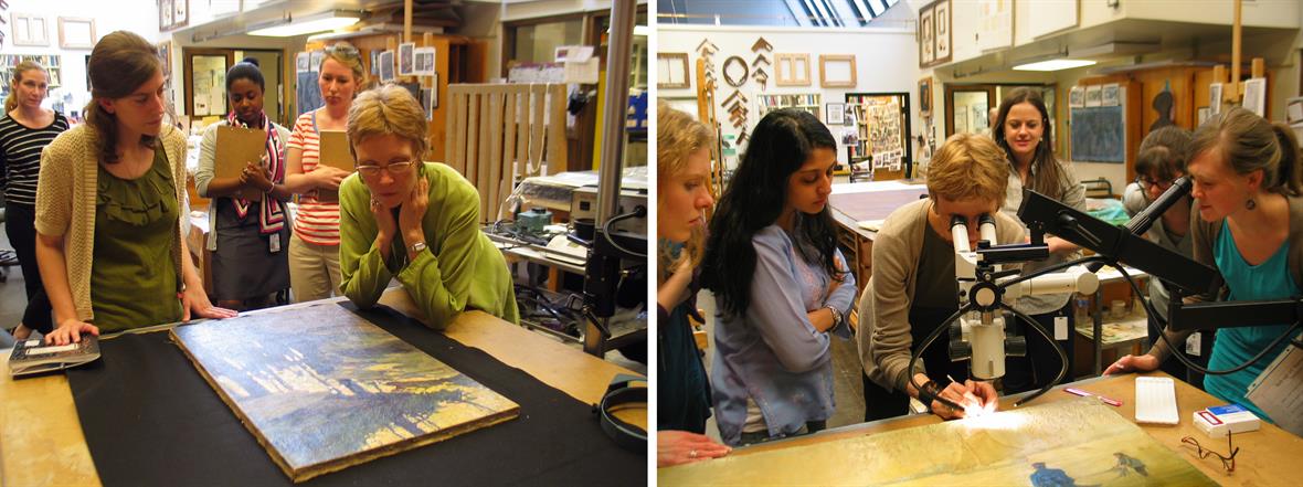 There are two images. In the first image, one professor and one student examine a painting on a table while three students watch. In the second image, one professor and one student examine a painting using a microscope, while four students watch.
