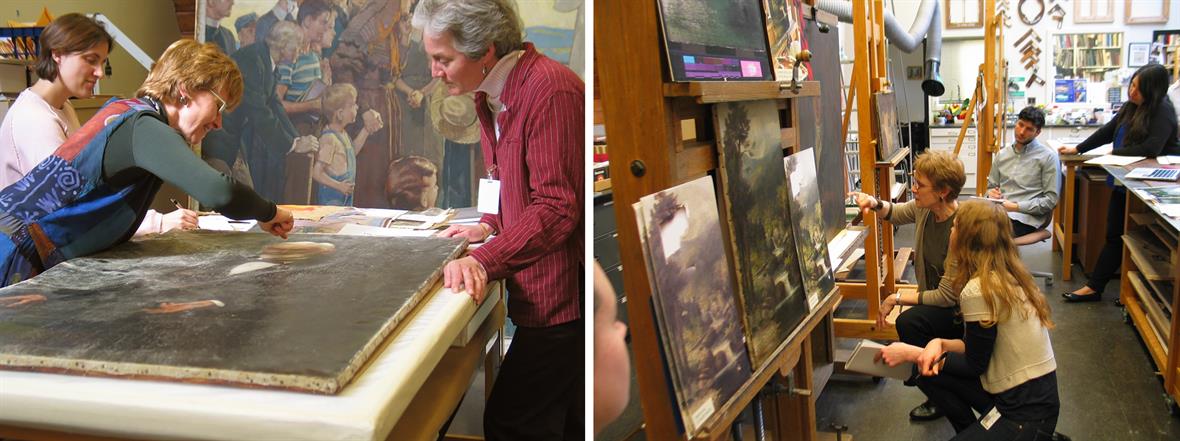 There are two images. In the first image, two professors and one student are looking closely at a painting on a table. In the second image, one professor and three students are looking at paintings that are leaning up againist a wall.