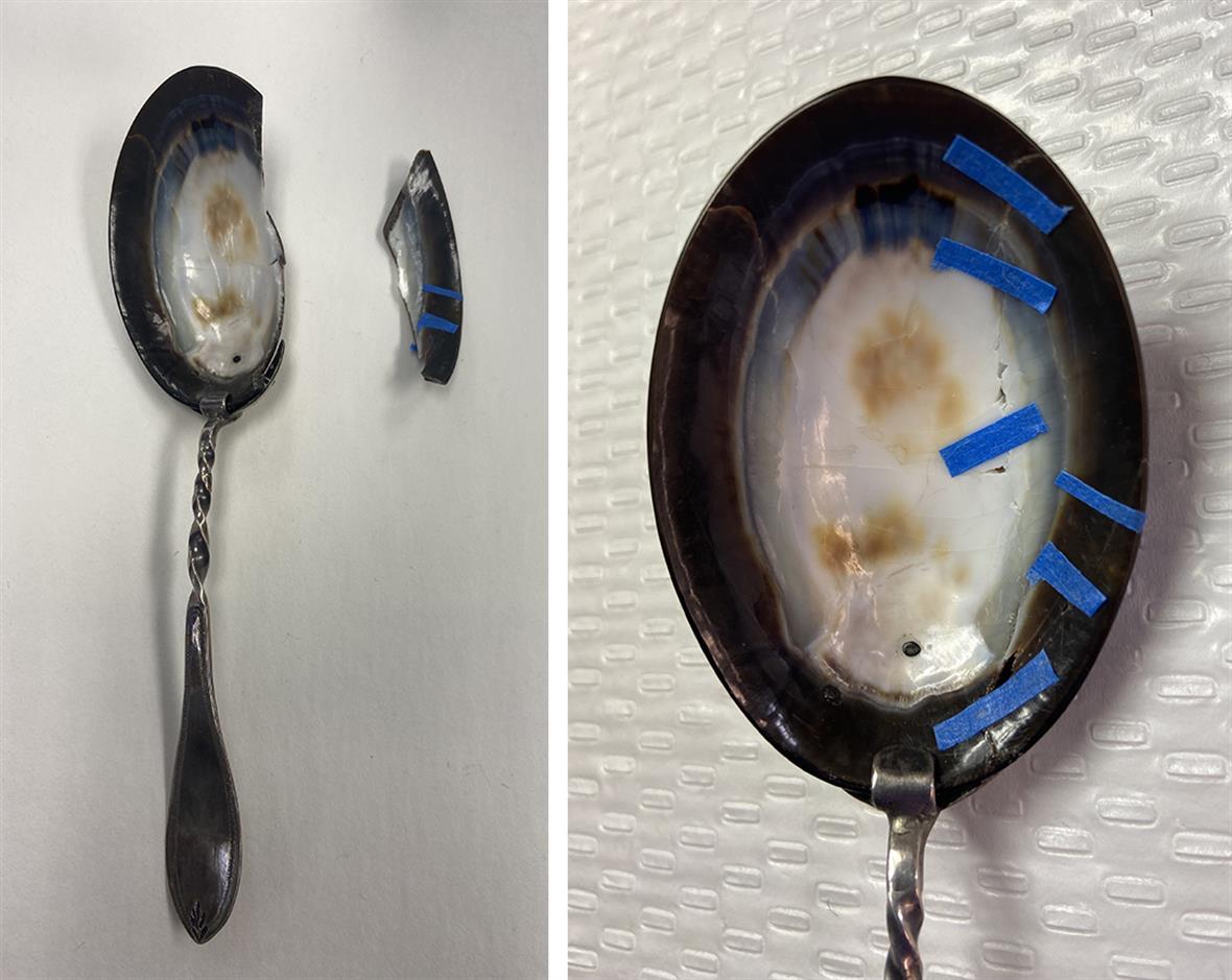 Images of the broken shell bowl, and the pieces of bowl held together with blue tape.