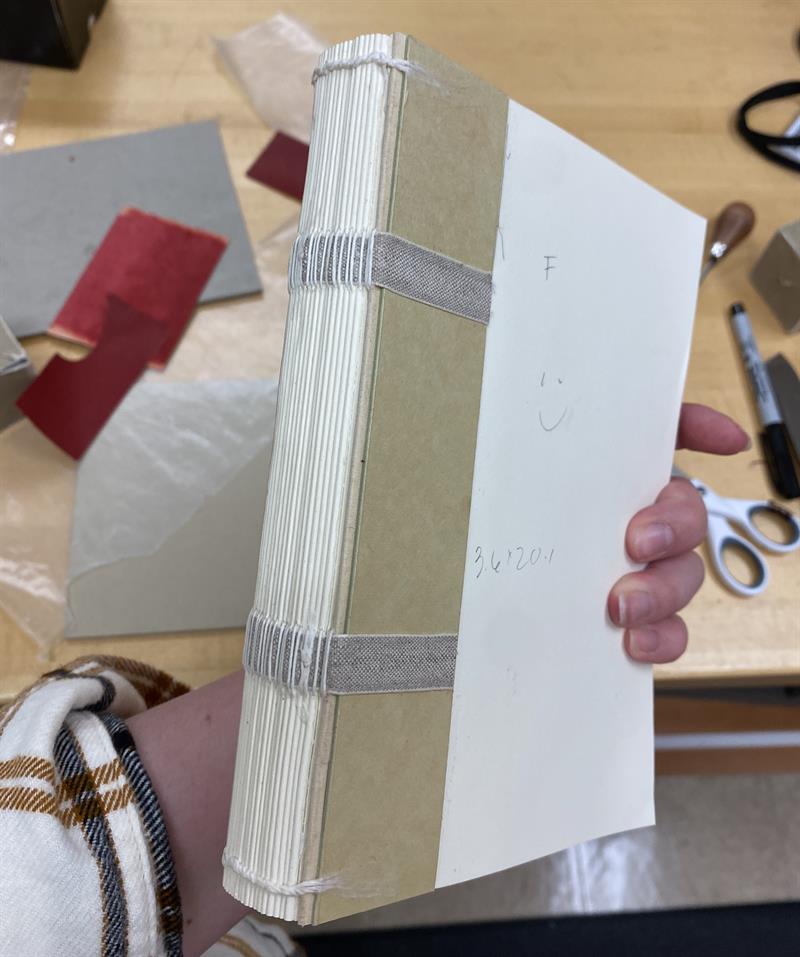 A view of the spine of the book after the sections are sewn, before the cover is added.