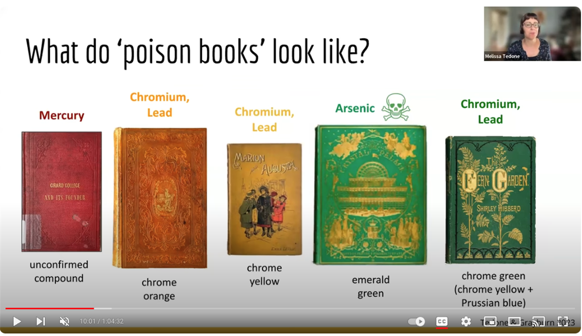 Screenshot from an online talk, showing a row of five books. A small image in the upper right shows the faculty speaker who is delivering the talk.