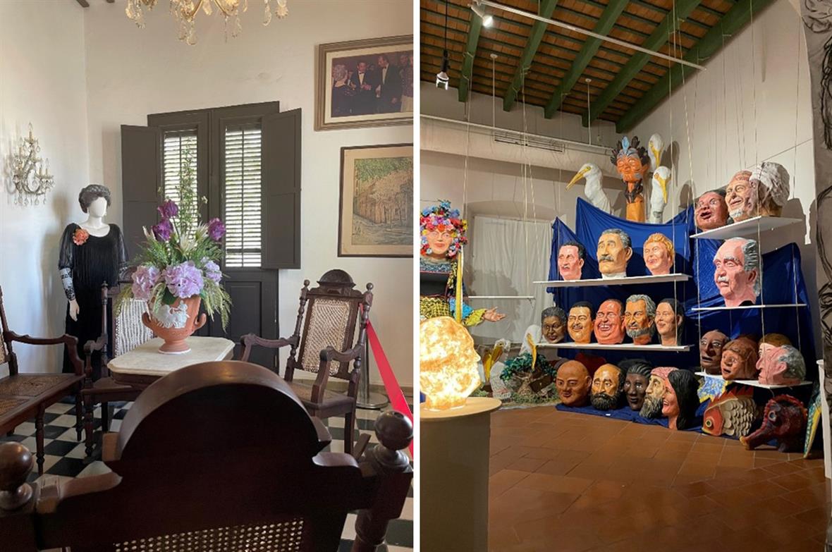 A flower and fashion display in a historic house, and a display of paper mache heads in a museum.