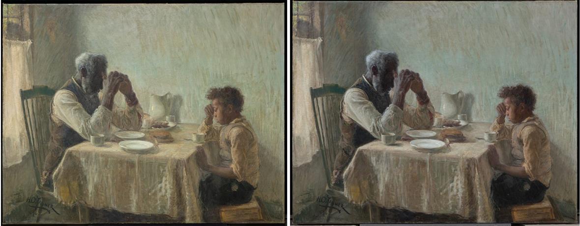 A detail from the painting, showing a man and boy sitting at a table. The detail area is shown before and after removal of the discolored varnish.