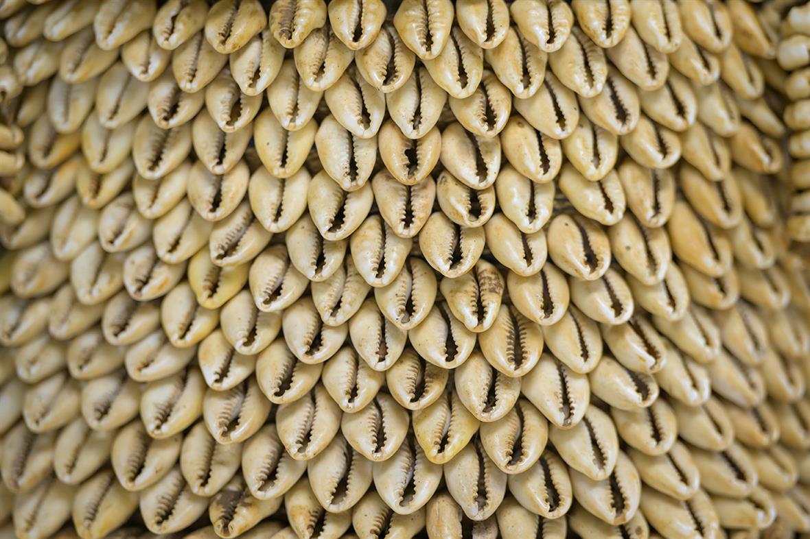 Close up of rows of shells attached to the headdress. Dirt sits inside crevices in the shells.