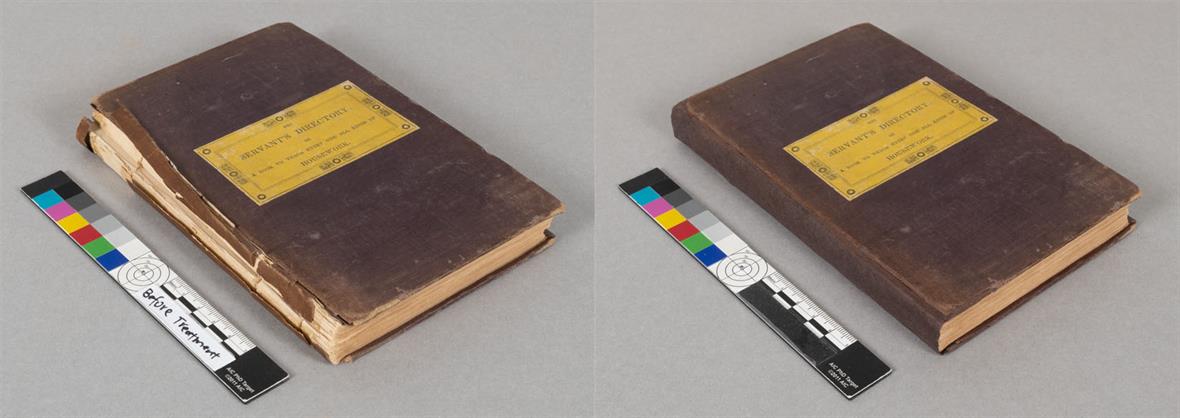 Images of a book before and treatment of its broken spine.