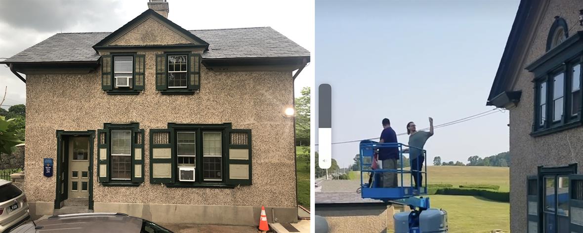 A front view of the old gatehouse, and a photo of the student and a staff member on an aerial forklift, approaching the second floor of the gatehouse.