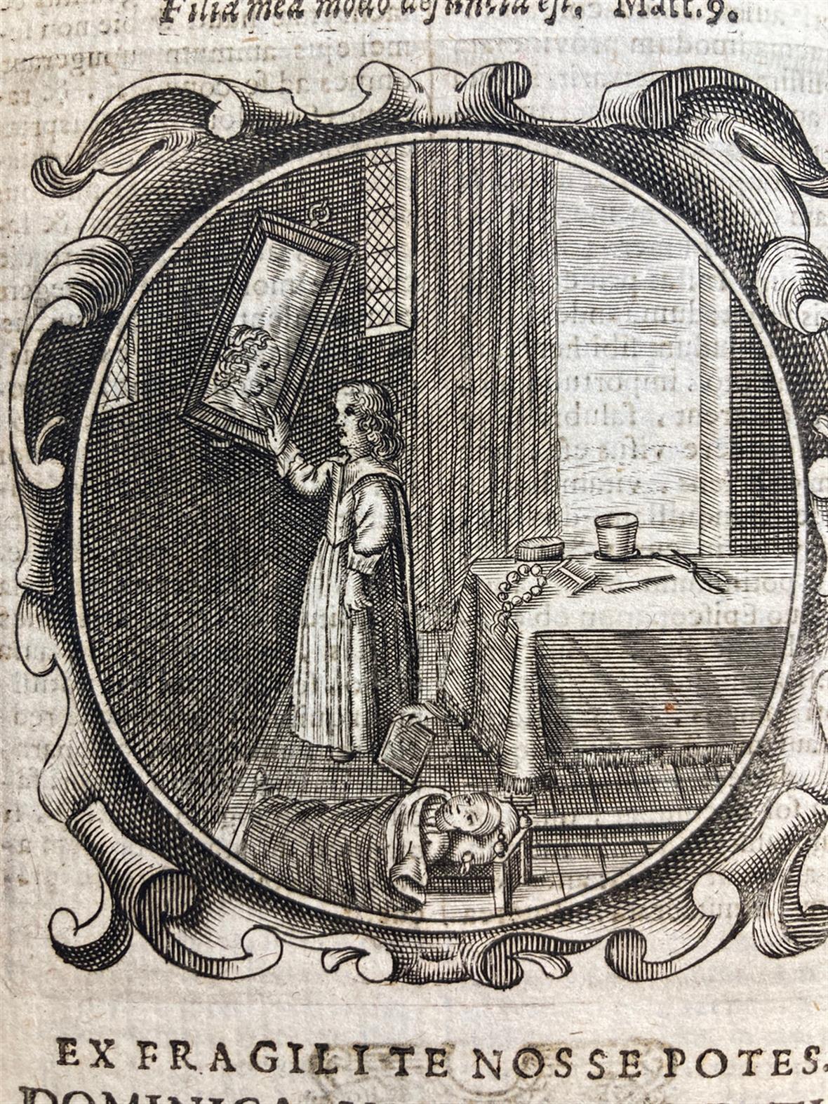 Detail of an engraiving from a book, showing a figure looking in a mirror; a baby lies in a bed nearby.