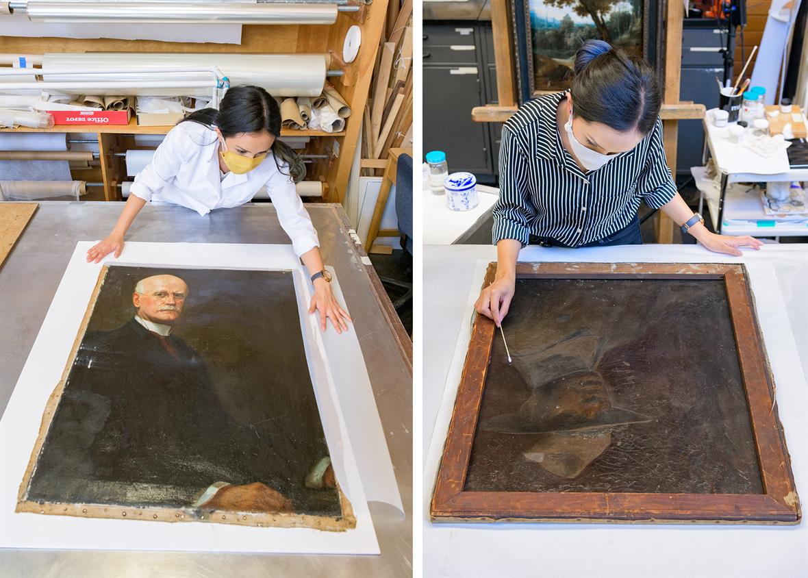There are two pictures of a student working on the painting. In the first image, the student has removed the painting from its wodden support and it is laying on a table. In the second image, the student has turned the painting over to show the portrait on the back and is touching a small cotton swab to its surface.
