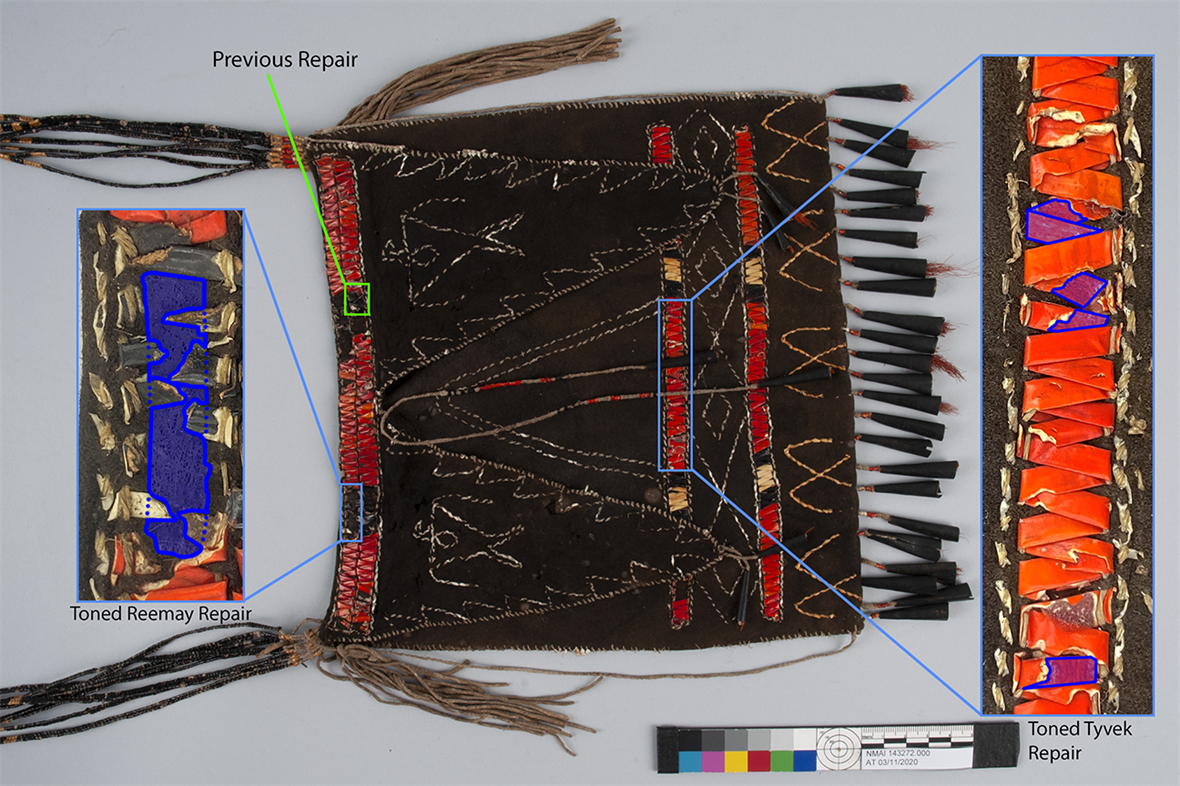 This image is a compilation of details from the hide pouch, showing various kinds of decorative stitching and ribbon, with arrows and descriptions showing where the student made repairs.