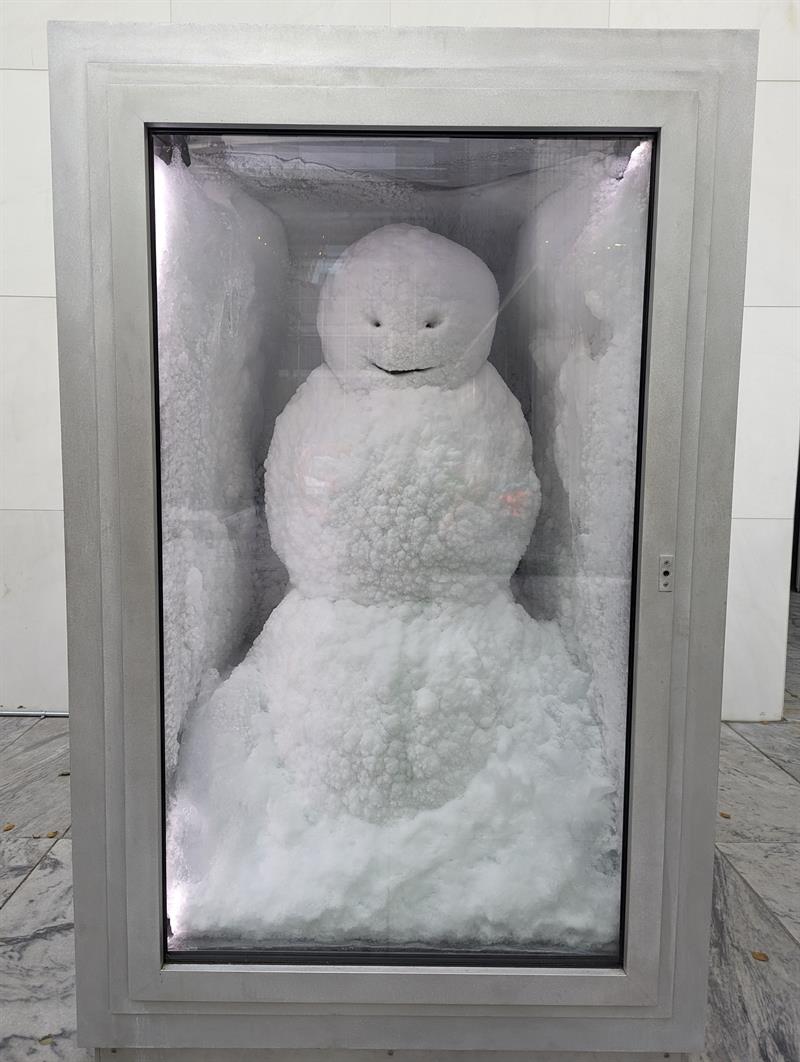 A snowman is preserved in a metal box with a glass window for viewing.