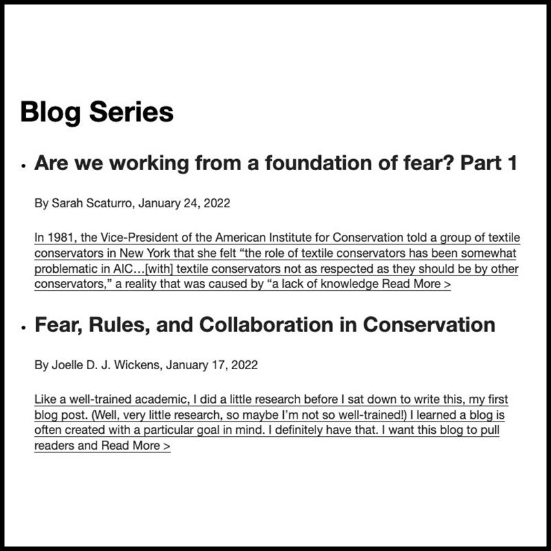 Screen capture of the blog page. The first entry is "Fear, Rules, and Collaboration in Conservation" and the second entry is "Are we working from a foundation of fear? Part 1."