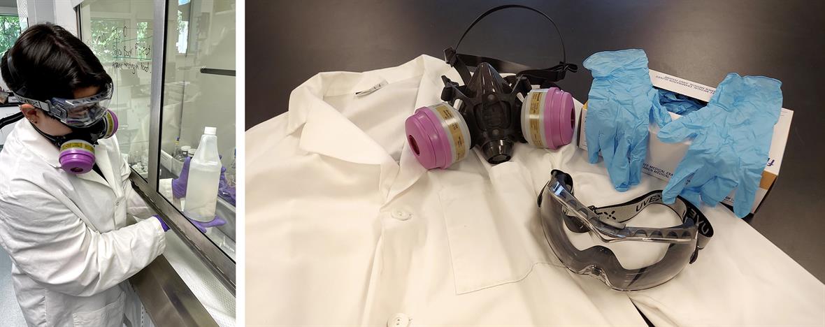 An image of a student, in a lab coat and wearing a respirator, working with materials under a fume hood. A second image shows and lab coat, respirator, goggles, and gloves worn by the student.