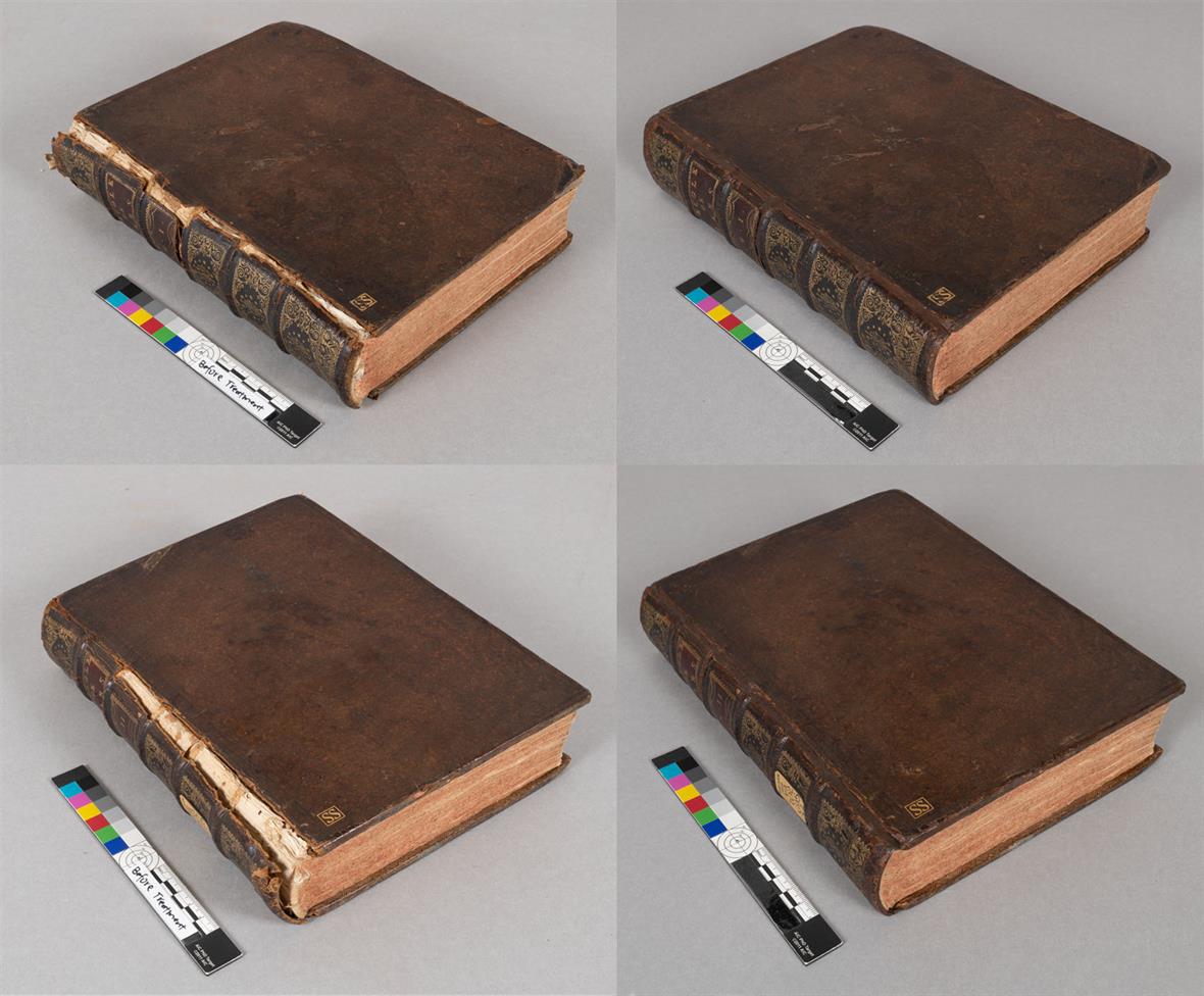 Images of two books, before and after repair of broken spines.