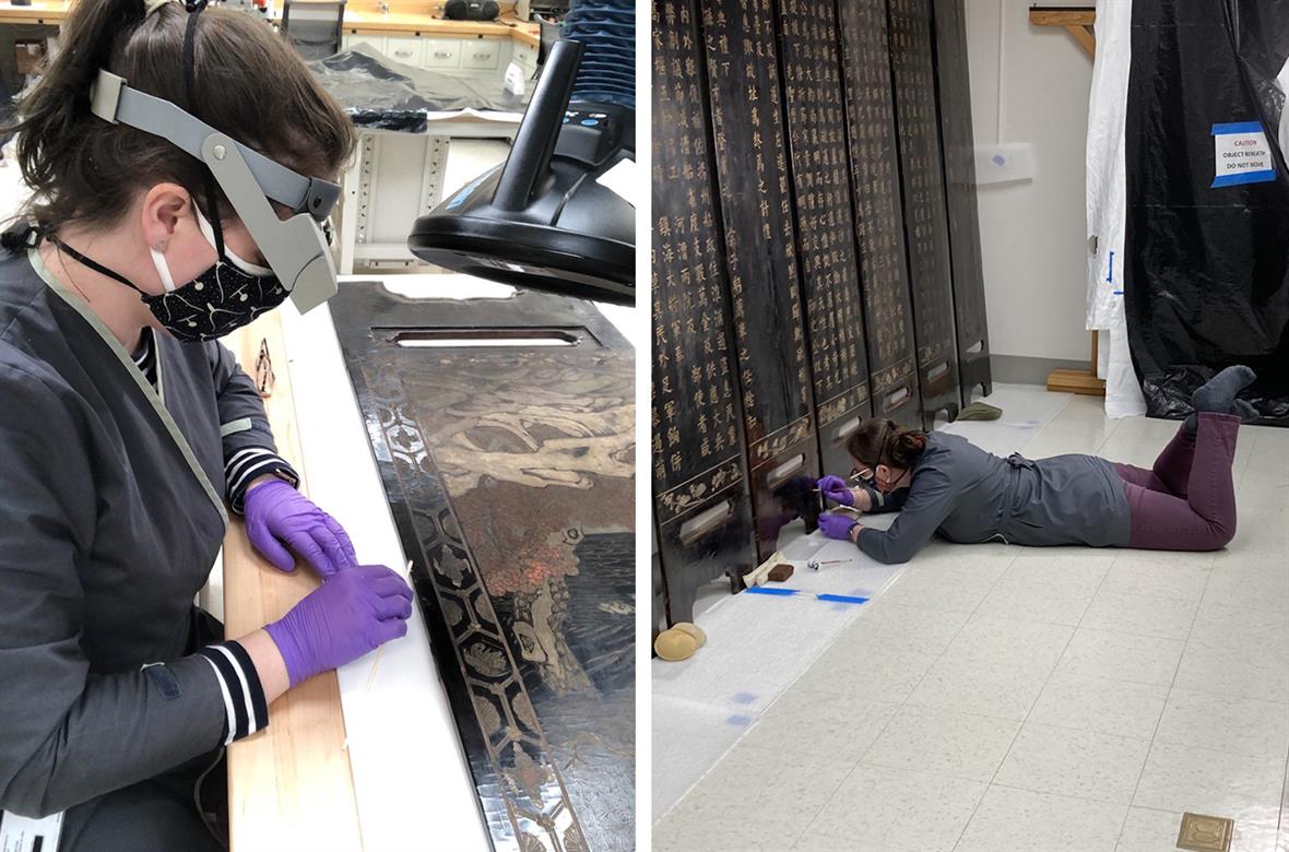 Images of a student, wearing an optivisor and gloves and working with small tools on a lacquer screen, both at a table and on the floor.