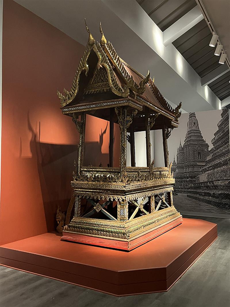 The decorated wooden structure, after treatment, in place in the museum galleries.