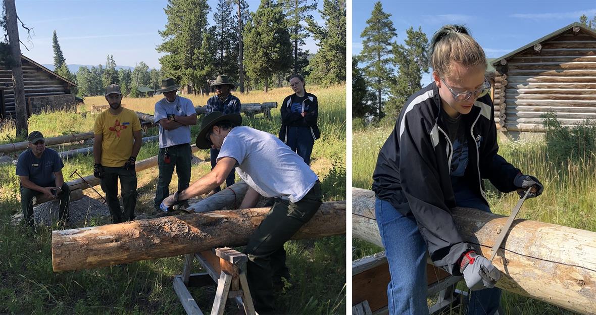 A teacher demonstrates using a tool to peel a log, and a student uses the tool to peel a log.