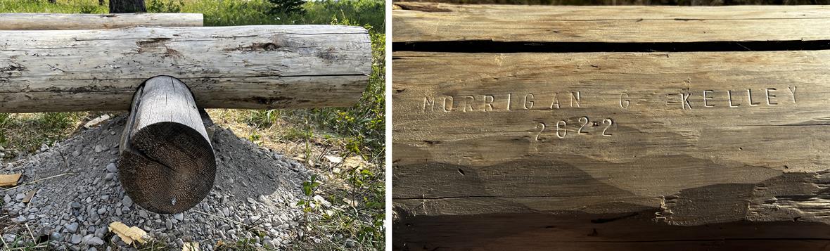 Two logs placed together using the notches, and a detail of the student's name stamped on a log.