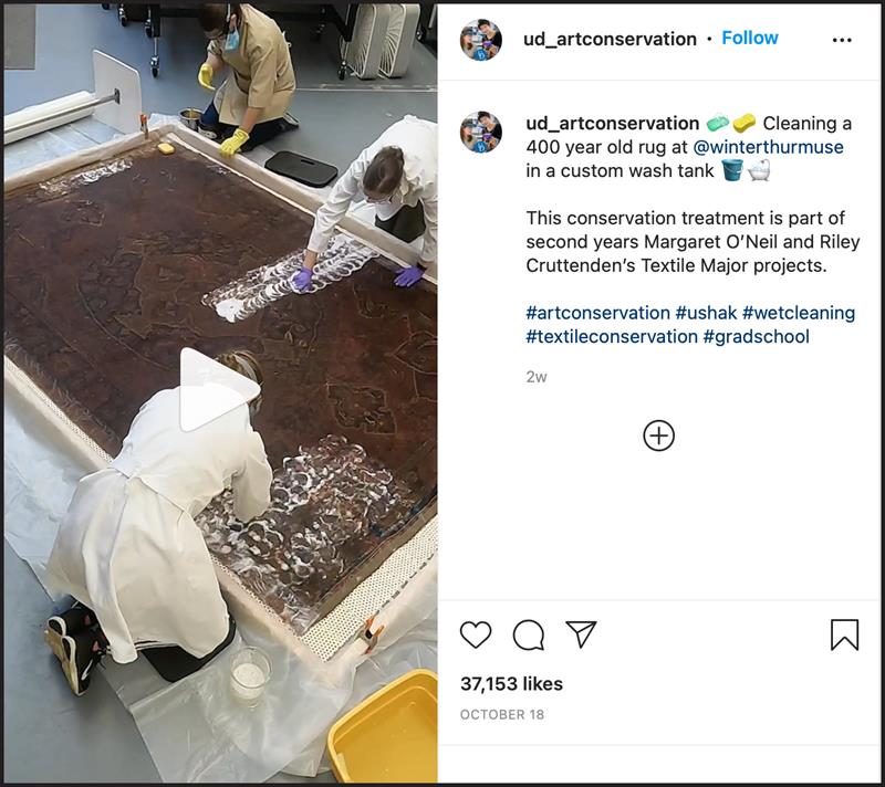 Screenshot of an Instgram post, including a still image from video of a textile cleaning treatment.
