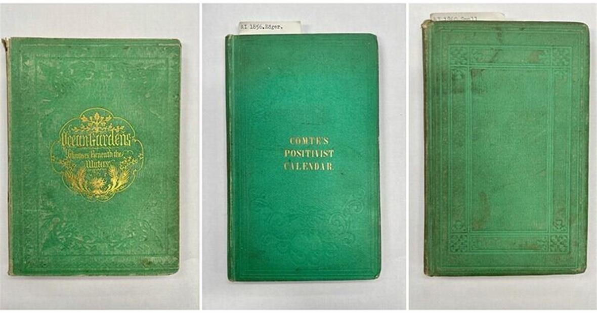 Three books with bright green covers and embossed or gilded lettering and decoration.