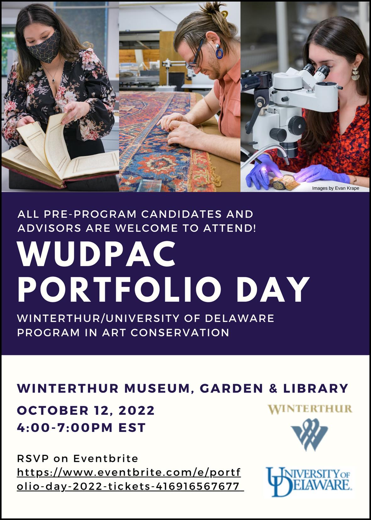 A flyer for the portfolio day event includes images of three students working on conservation projects.