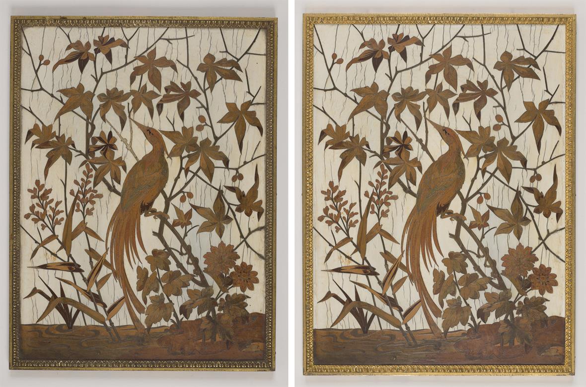 The marquetry panel before and after treatment: cleaner, birghter, and with losses filled.