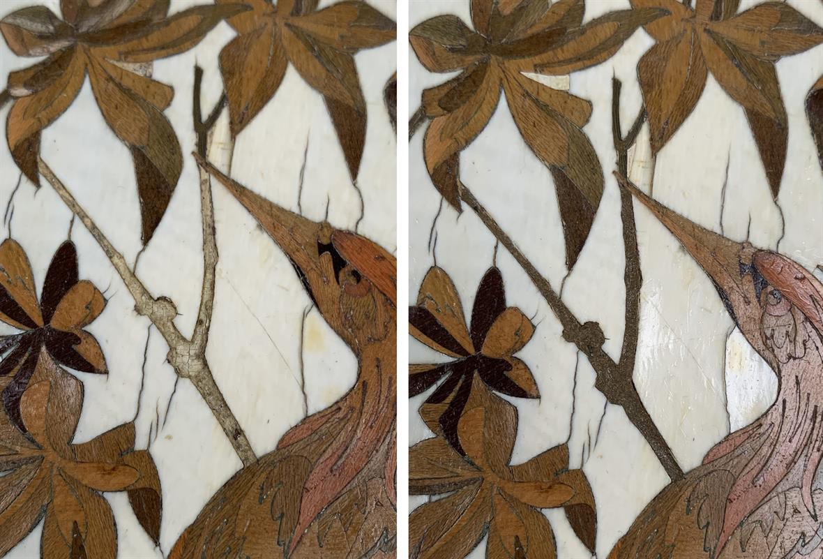 Detail of loss in an inlayed tree branch, before and after addition of a toned paper fill.