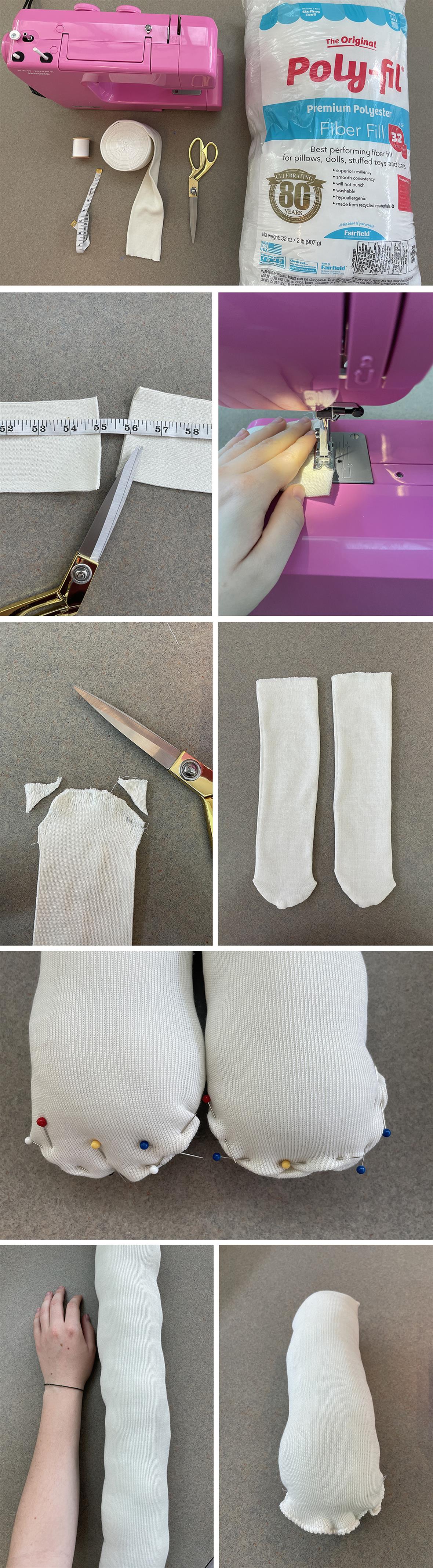 Images of the student trimming and sewing the stocking tubes, then stuffing the tubes and sewing them closed.