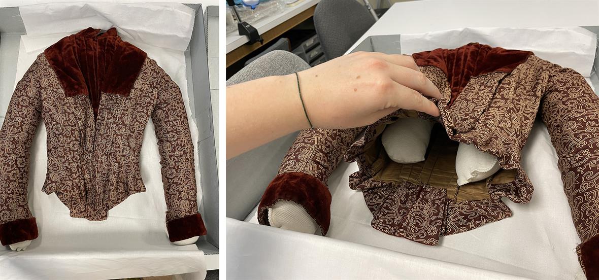 The bodice, with the stuffed stocking inserted for shape and stability, sits in its housing box.
