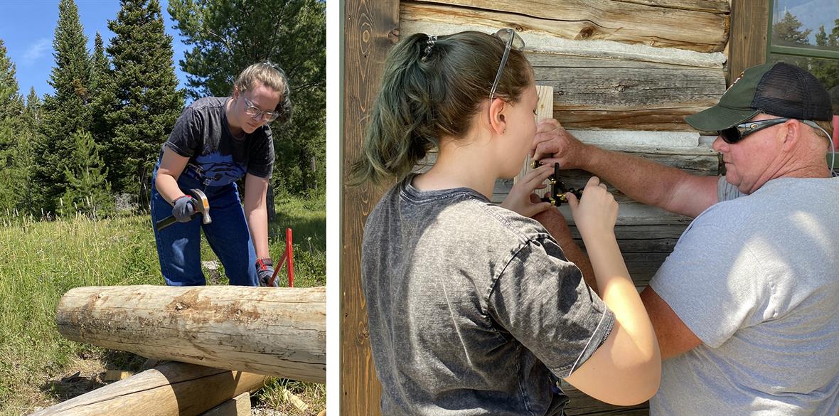 A student hammers a wooden piece into a log, and a student and teacher lining up an instrument on a cabin log.